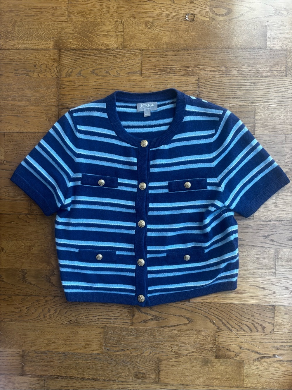 J. Crew Cashmere Striped Short Sleeve Sweater Blue & Navy Small